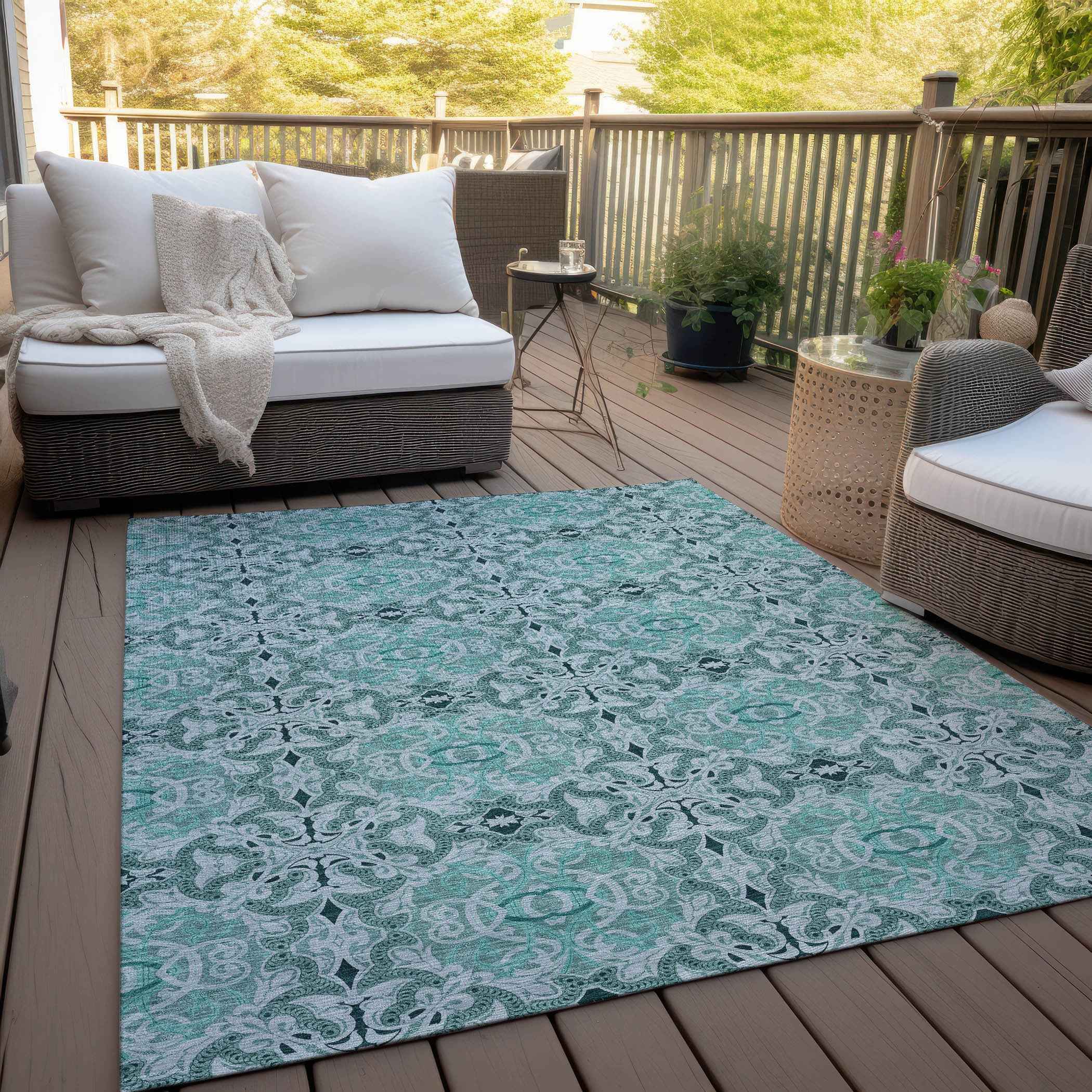 3' X 5' Teal Blue And Aqua Medallion Washable Indoor Outdoor Area Rug