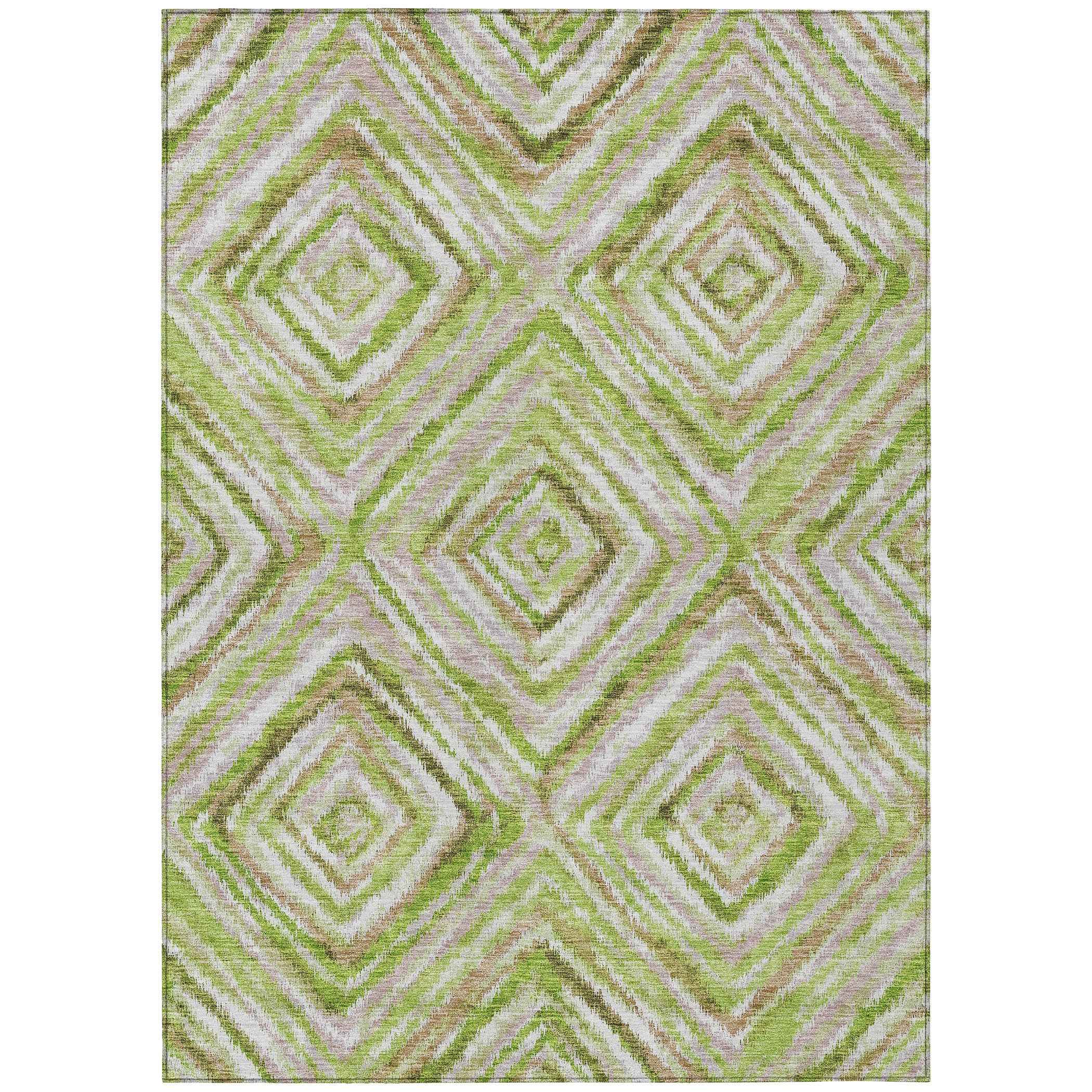 3' X 5' Artichoke Green And Brown Geometric Washable Indoor Outdoor Area Rug