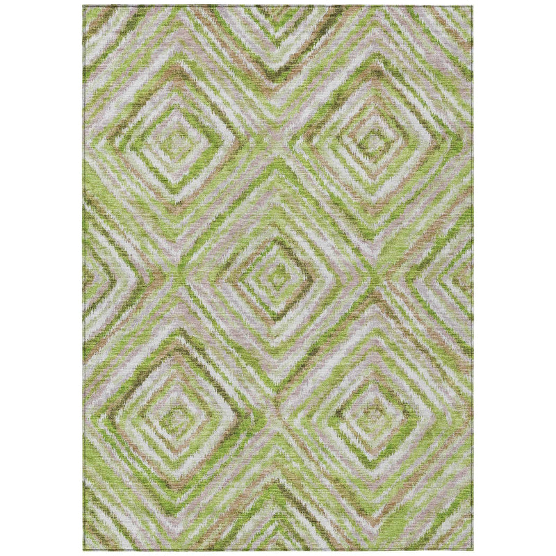 3' X 5' Artichoke Green And Brown Geometric Washable Indoor Outdoor Area Rug