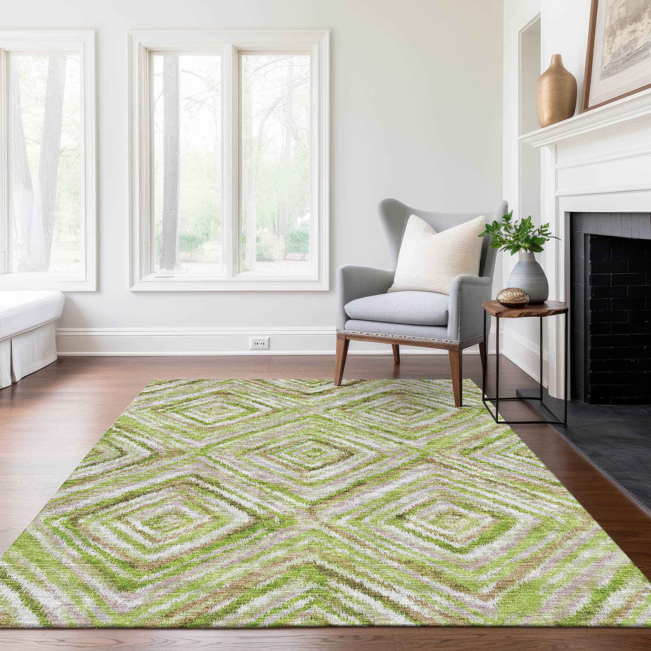 3' X 5' Artichoke Green And Brown Geometric Washable Indoor Outdoor Area Rug