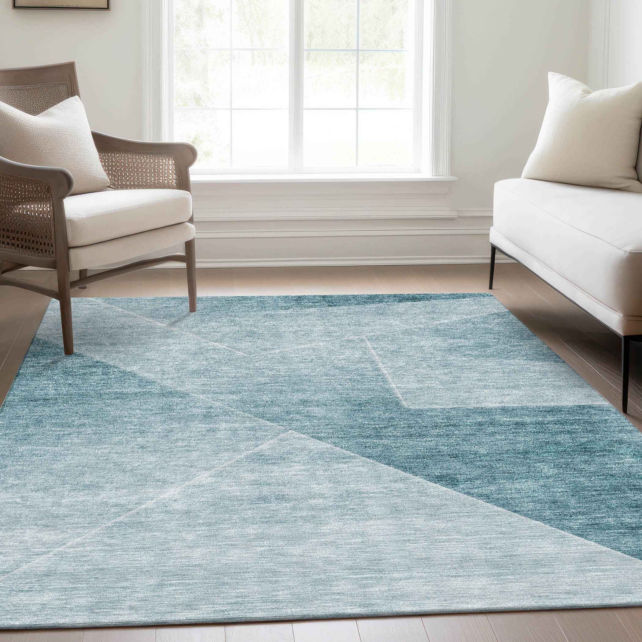 3' X 5' Teal Blue And Aqua Abstract Washable Indoor Outdoor Area Rug