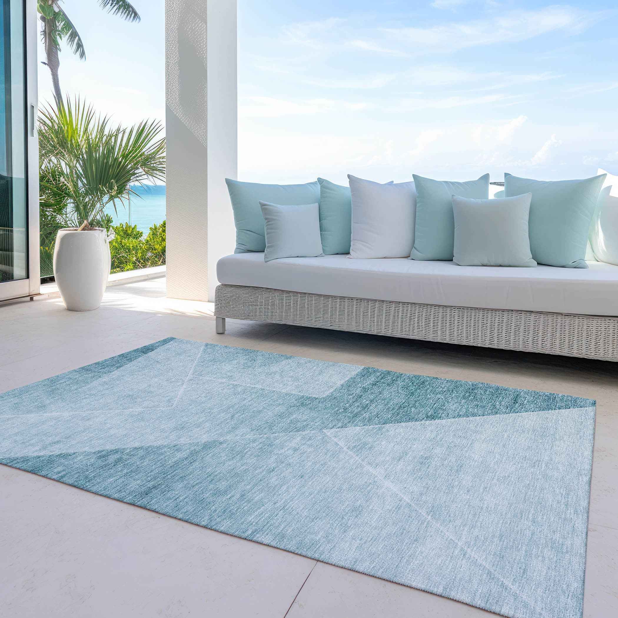 8' X 10' Teal Blue And Aqua Abstract Washable Indoor Outdoor Area Rug