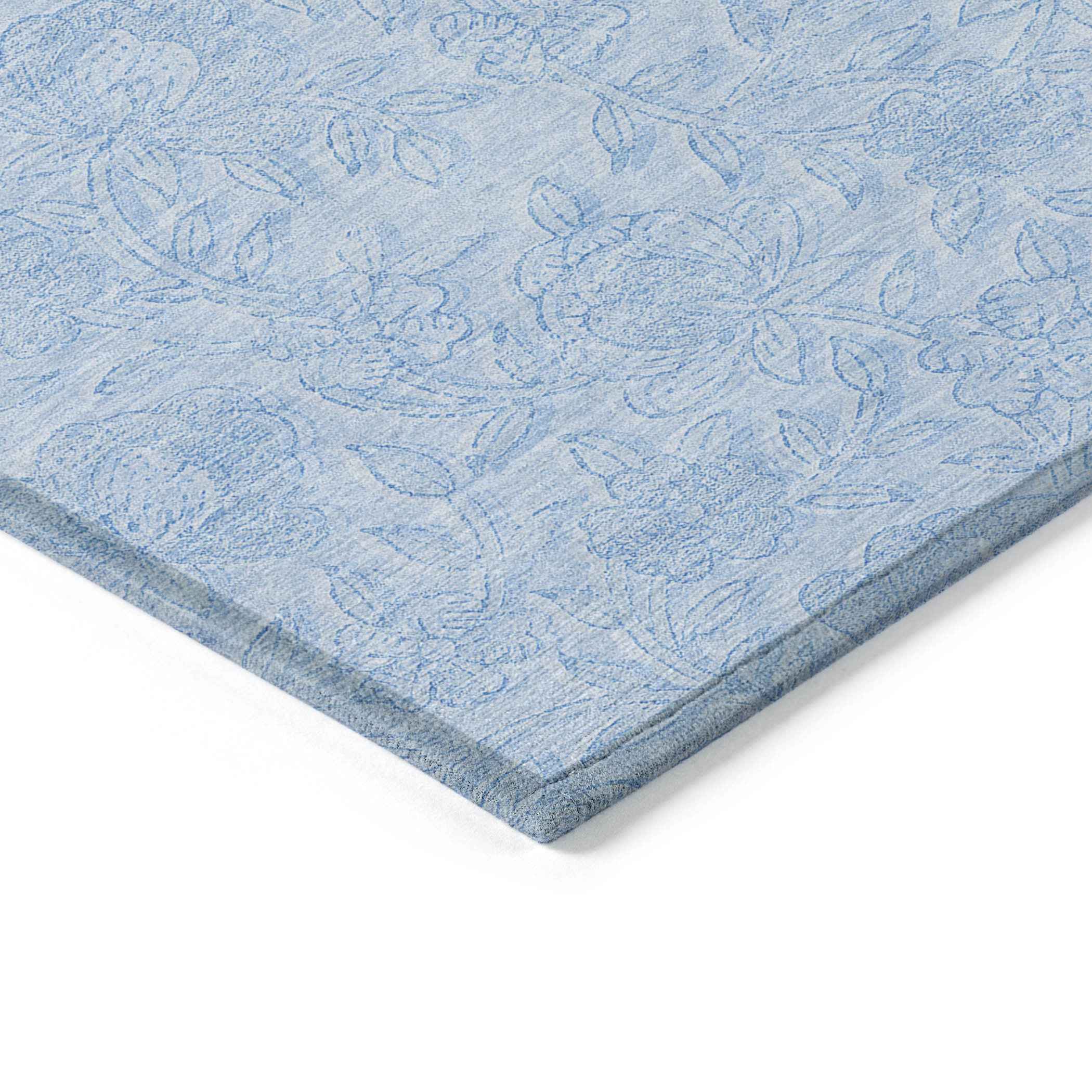 8' X 10' Sky Blue And Blue Floral Washable Indoor Outdoor Area Rug