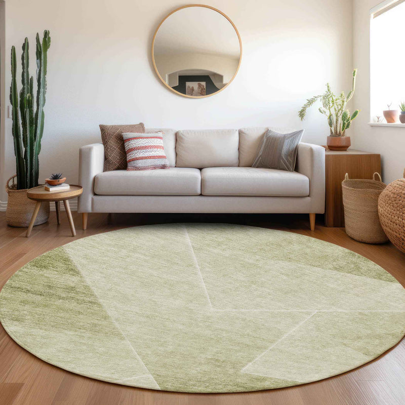 8' Sage And Artichoke Green Round Abstract Washable Indoor Outdoor Area Rug
