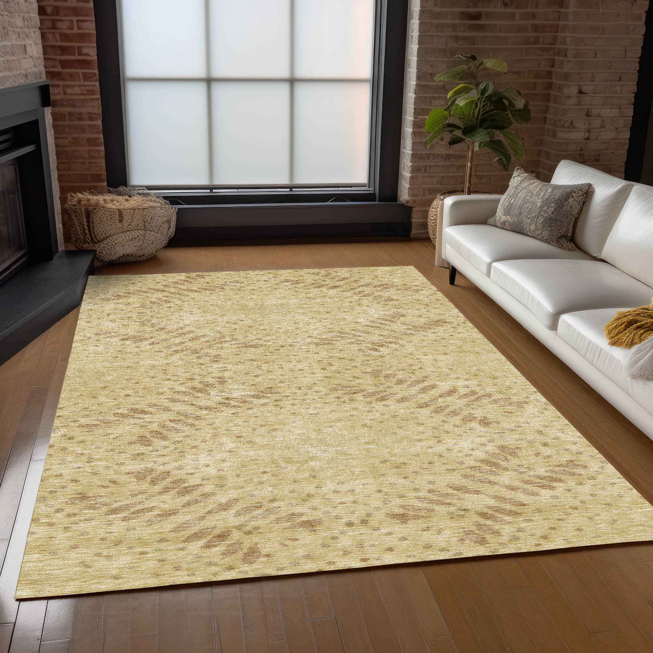 3' X 5' Gold Beige And Taupe Floral Washable Indoor Outdoor Area Rug