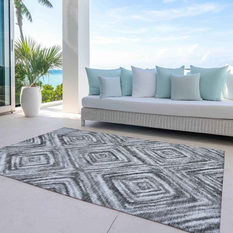 3' X 5' Gray Silver And Ivory Geometric Washable Indoor Outdoor Area Rug