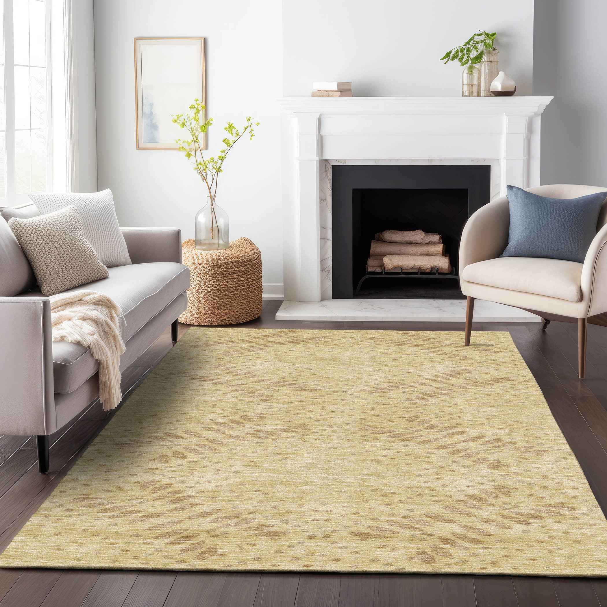 8' X 10' Gold Beige And Taupe Floral Washable Indoor Outdoor Area Rug