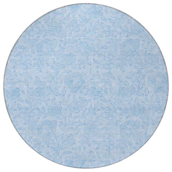8' Sky Blue And Blue Round Floral Washable Indoor Outdoor Area Rug