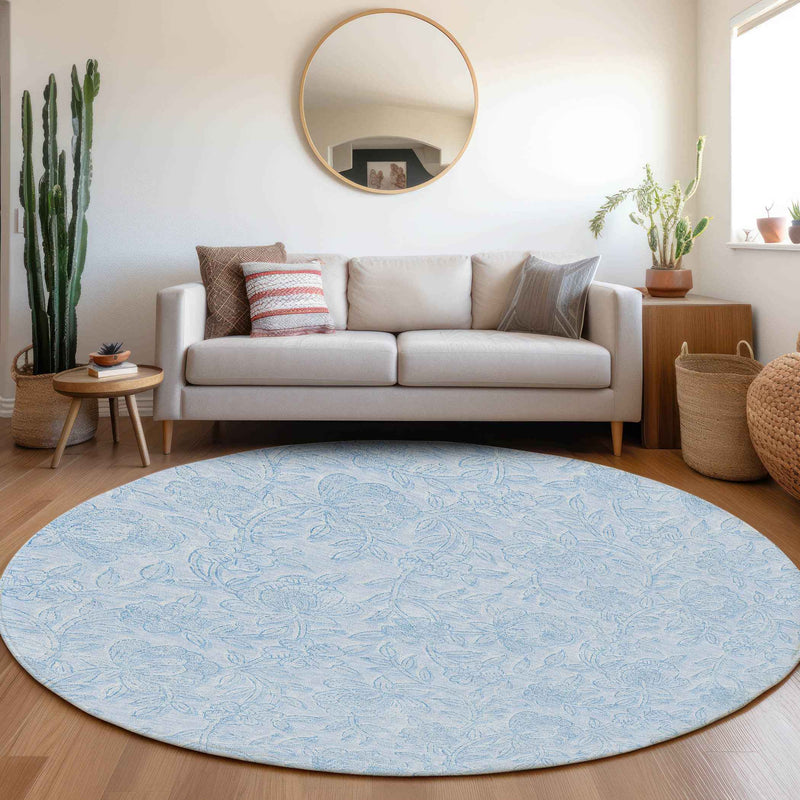 8' Sky Blue And Blue Round Floral Washable Indoor Outdoor Area Rug