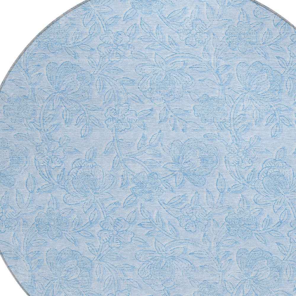 8' Sky Blue And Blue Round Floral Washable Indoor Outdoor Area Rug