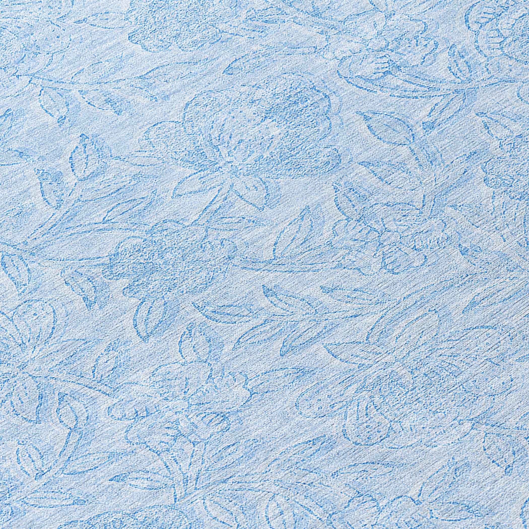 8' Sky Blue And Blue Round Floral Washable Indoor Outdoor Area Rug