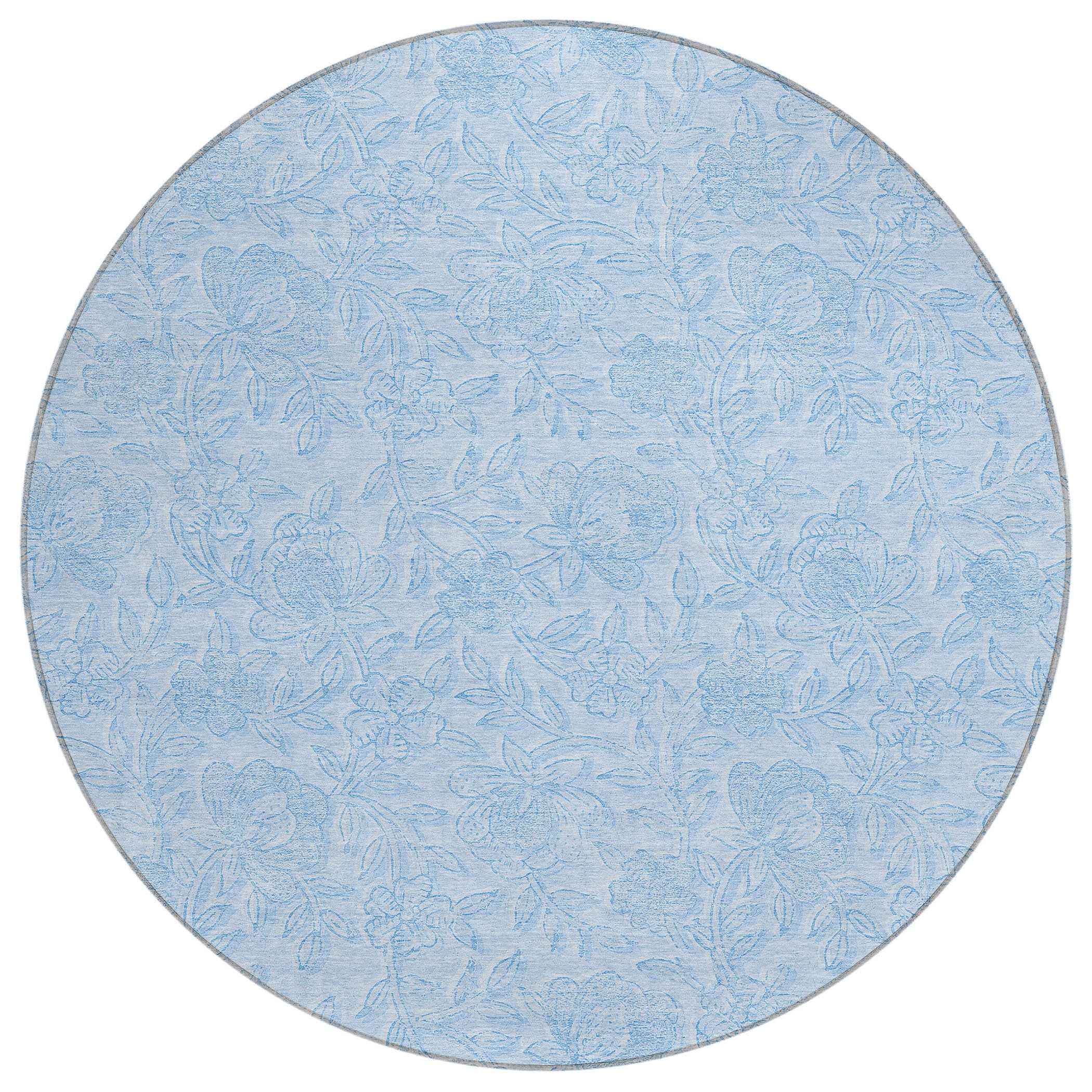 8' Sky Blue And Blue Round Floral Washable Indoor Outdoor Area Rug