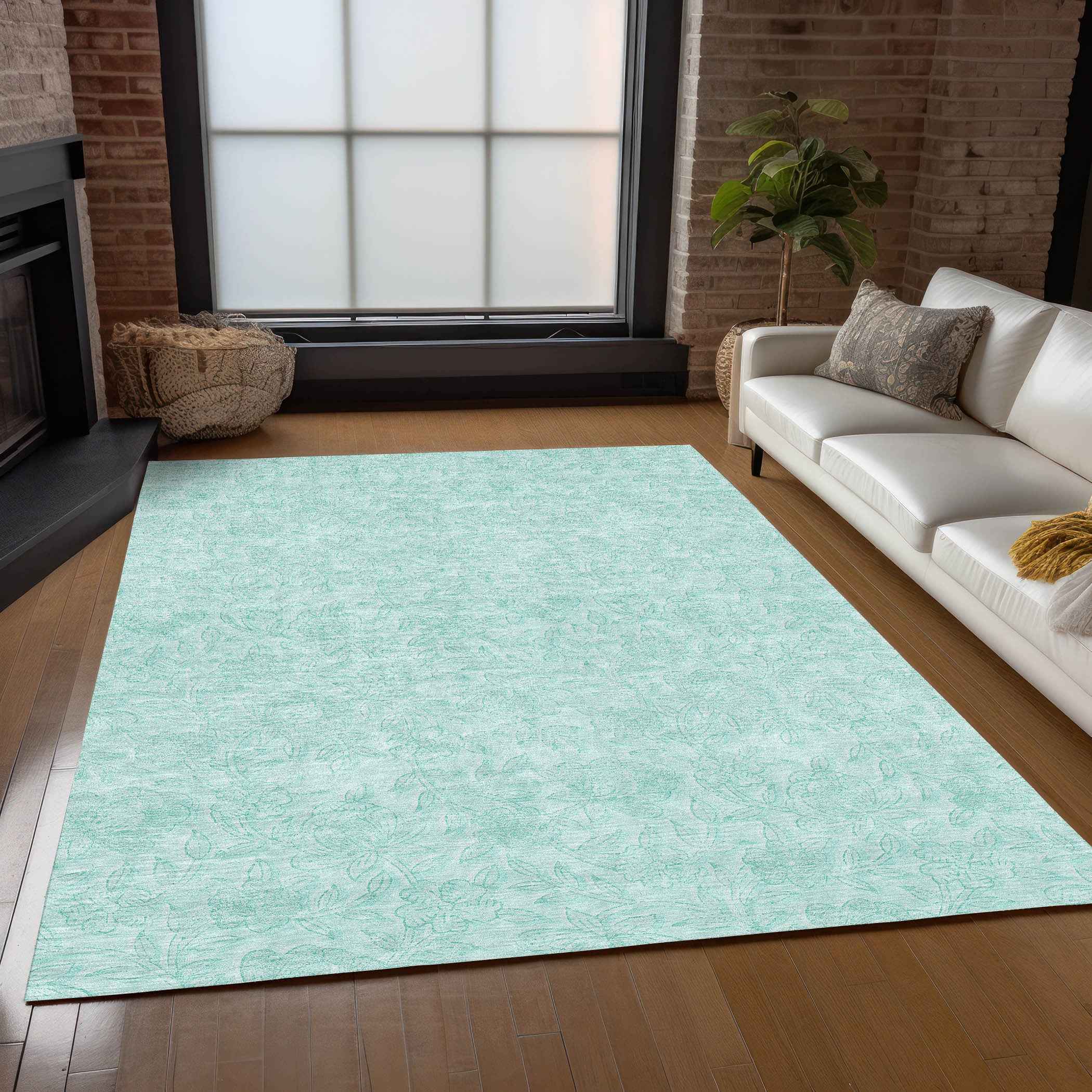 8' X 10' Teal Blue And Aqua Floral Washable Indoor Outdoor Area Rug