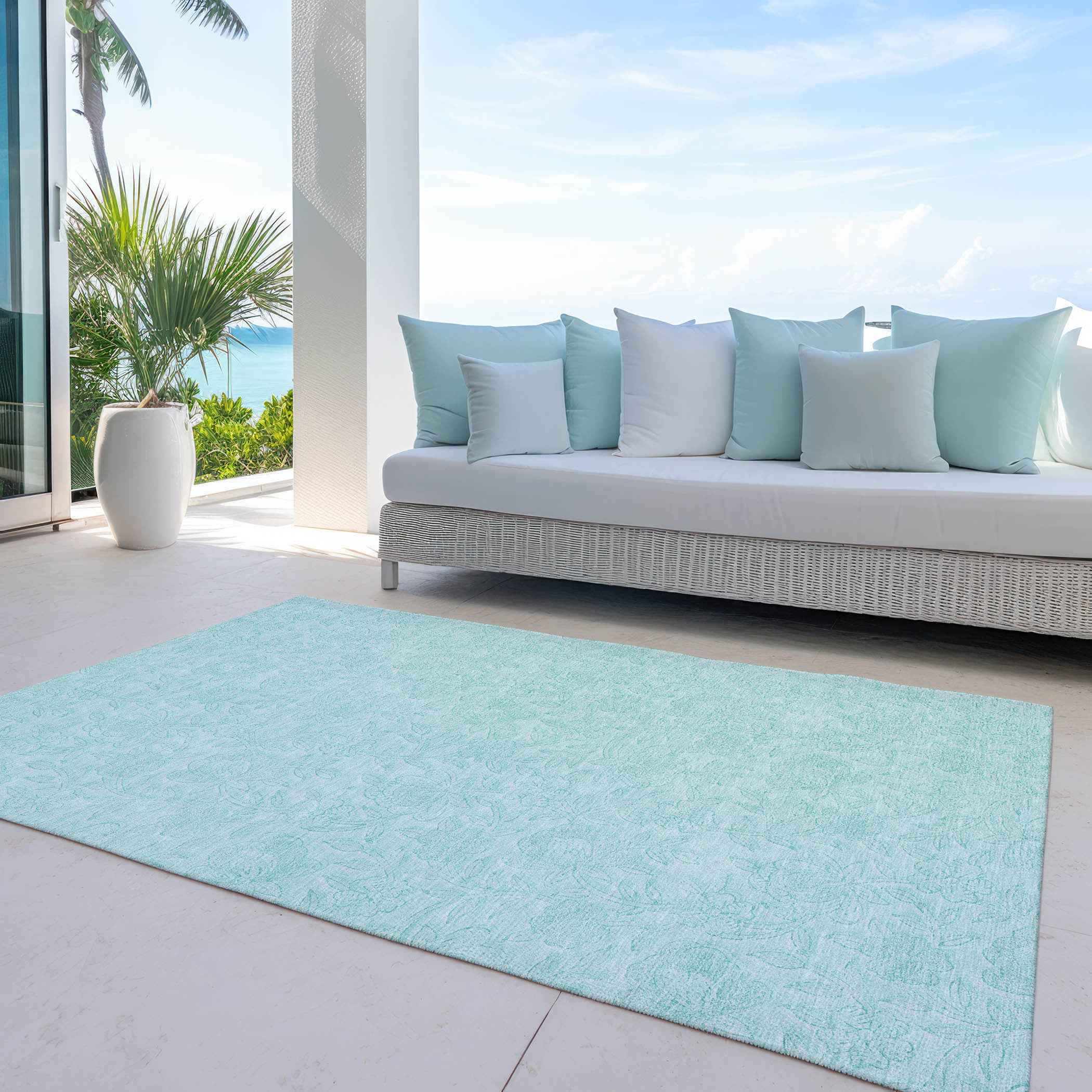 8' X 10' Teal Blue And Aqua Floral Washable Indoor Outdoor Area Rug