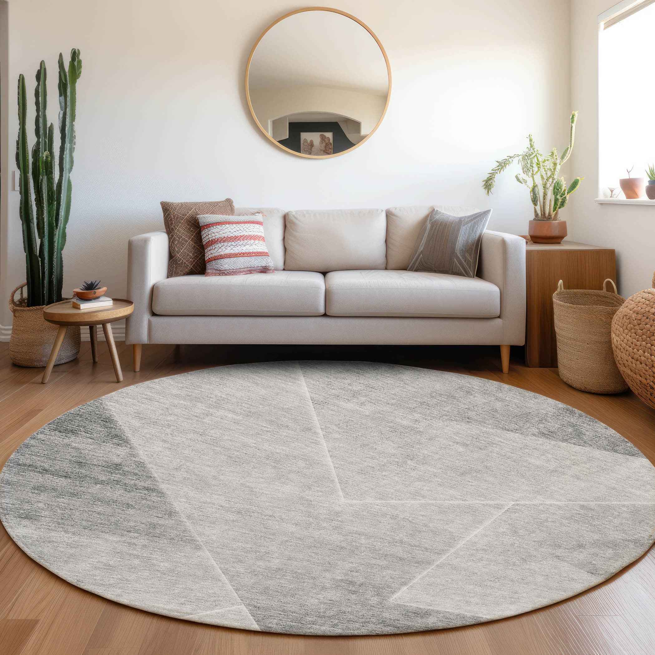 8' Gray Silver And Charcoal Round Abstract Washable Indoor Outdoor Area Rug