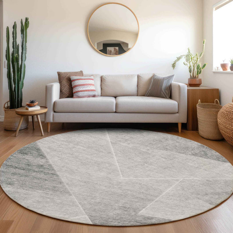 8' Gray Silver And Charcoal Round Abstract Washable Indoor Outdoor Area Rug
