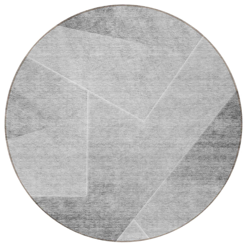 8' Gray Silver And Charcoal Round Abstract Washable Indoor Outdoor Area Rug
