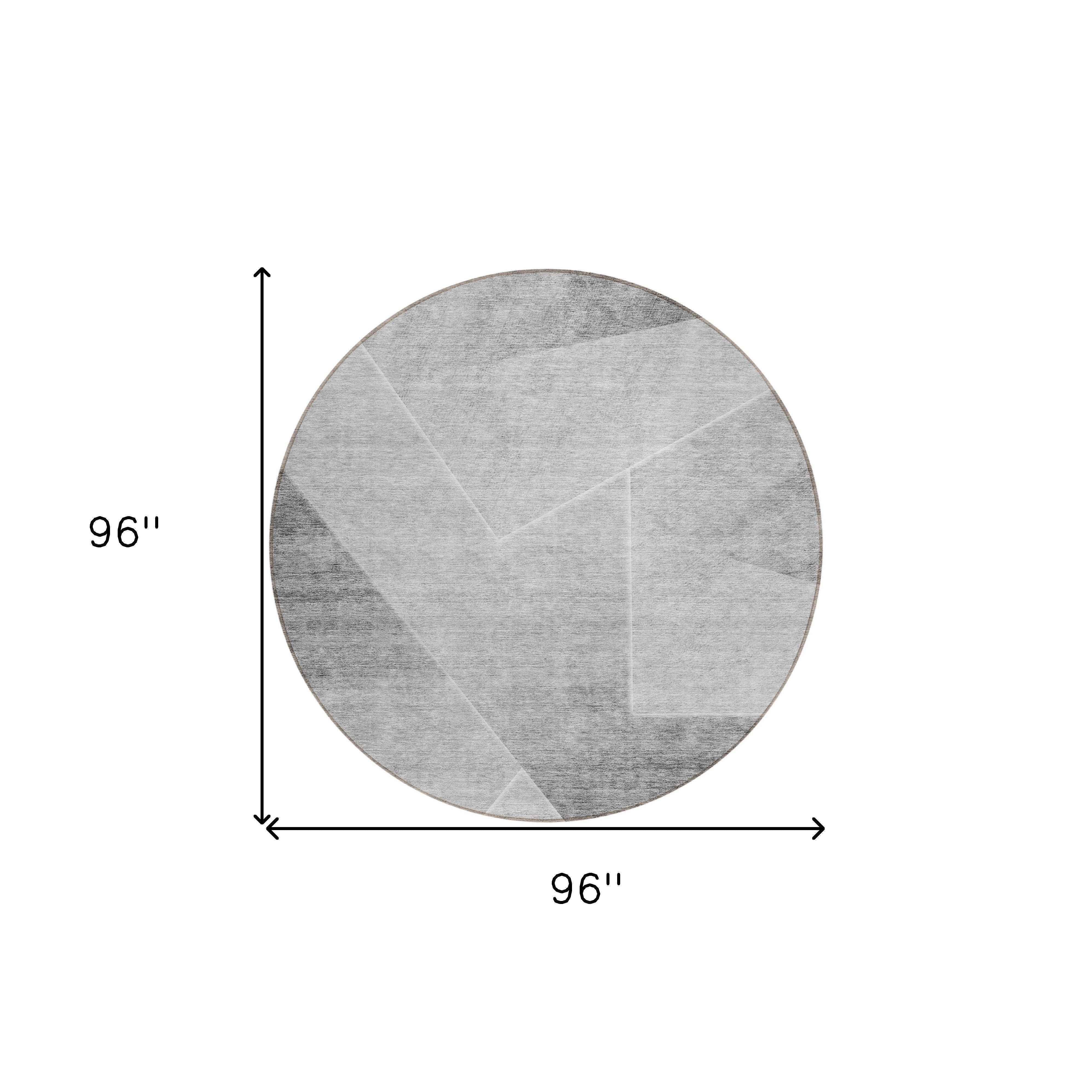 8' Gray Silver And Charcoal Round Abstract Washable Indoor Outdoor Area Rug