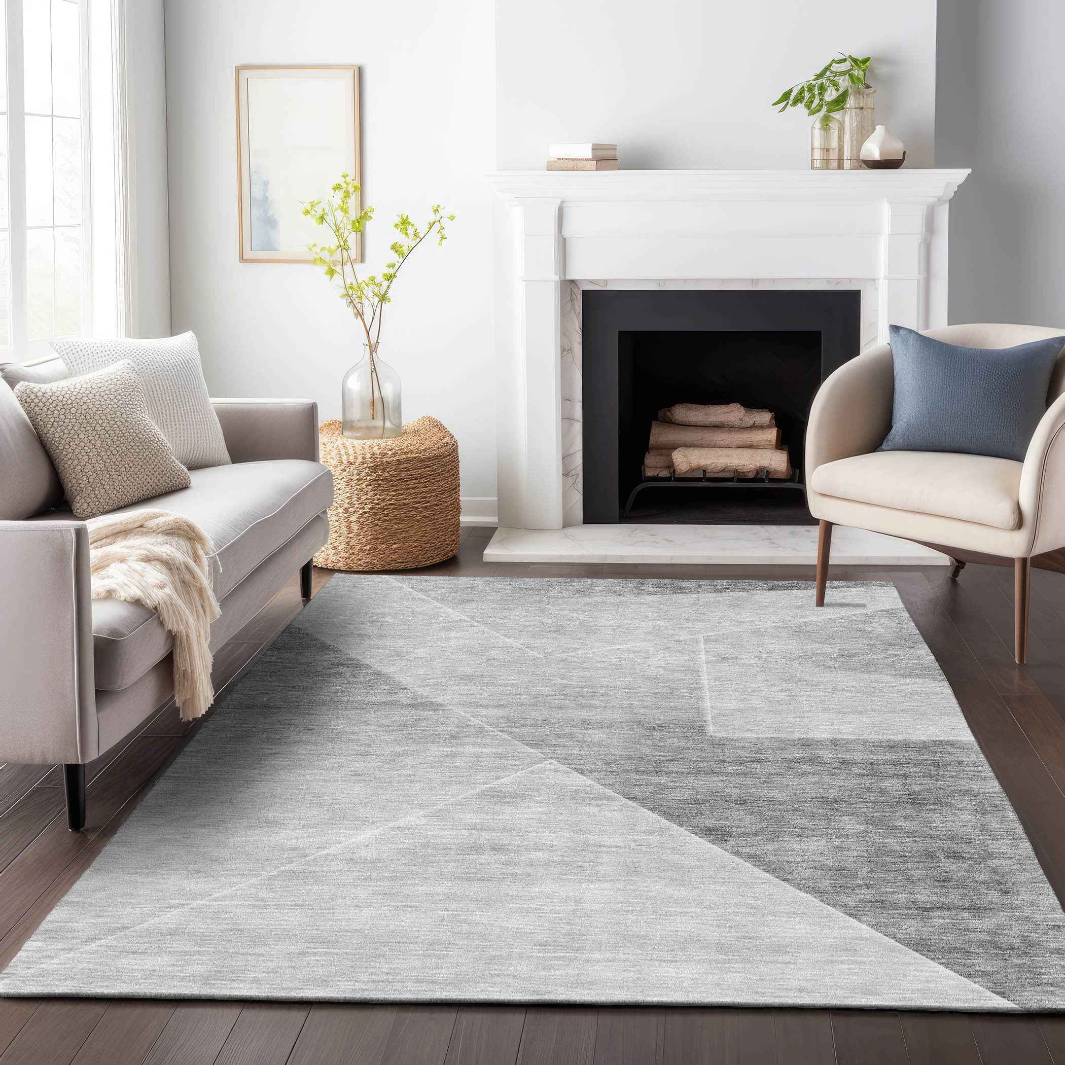 8' X 10' Gray Silver And Charcoal Abstract Washable Indoor Outdoor Area Rug