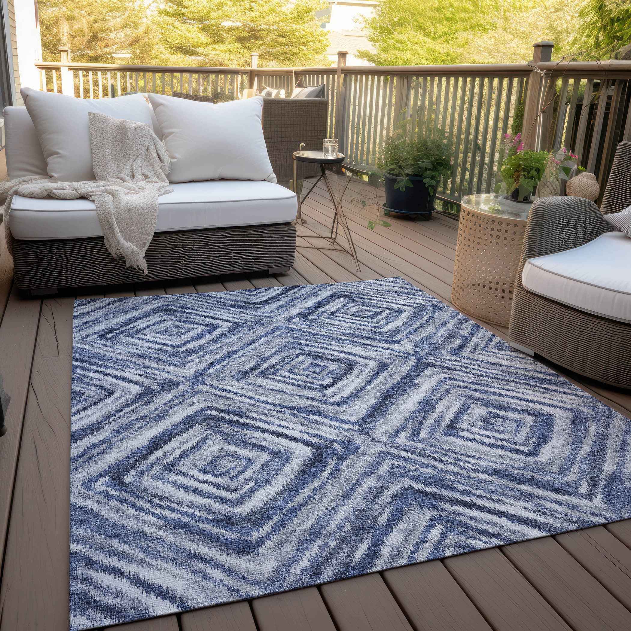 8' X 10' Navy Blue And Sky Blue Geometric Washable Indoor Outdoor Area Rug