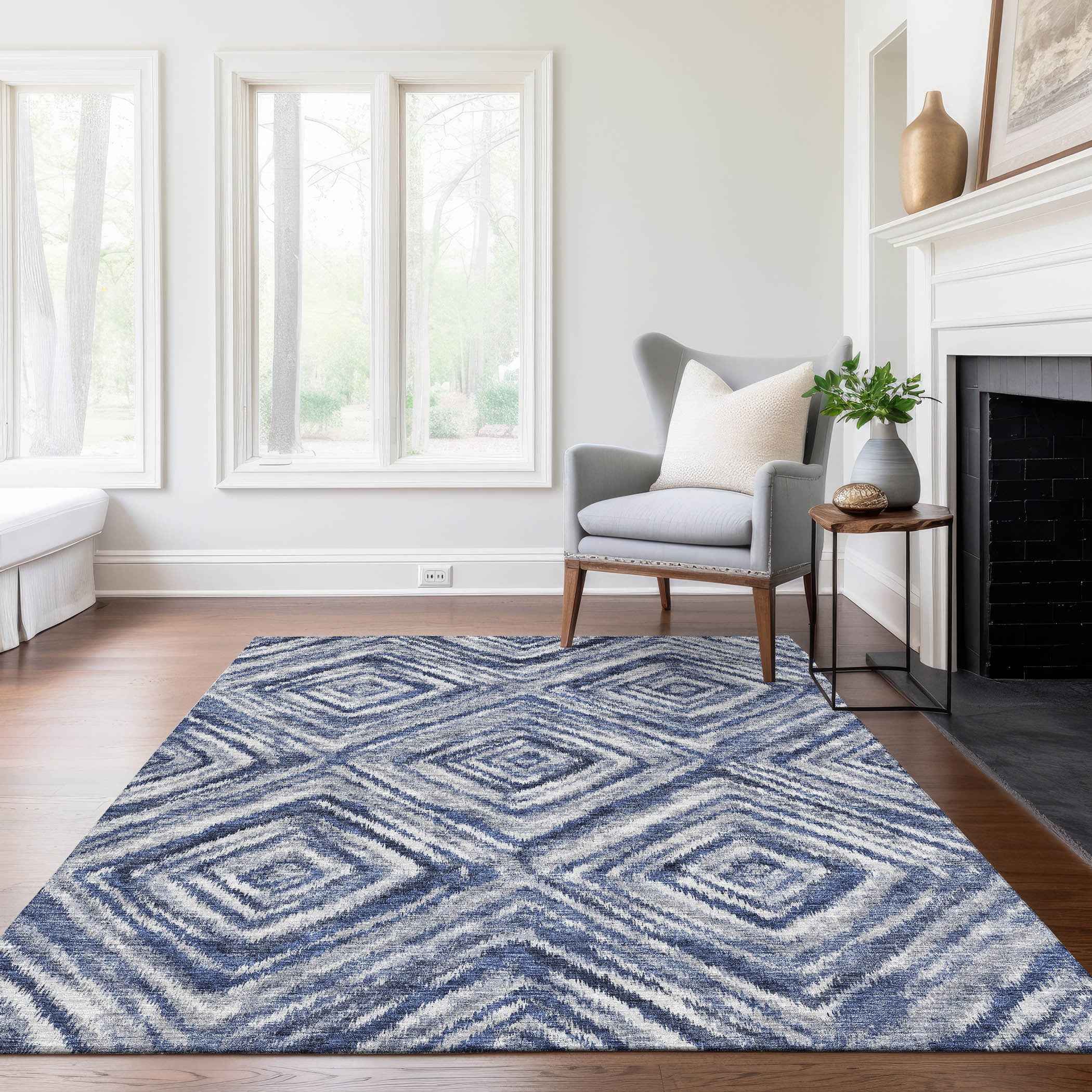 8' X 10' Navy Blue And Sky Blue Geometric Washable Indoor Outdoor Area Rug