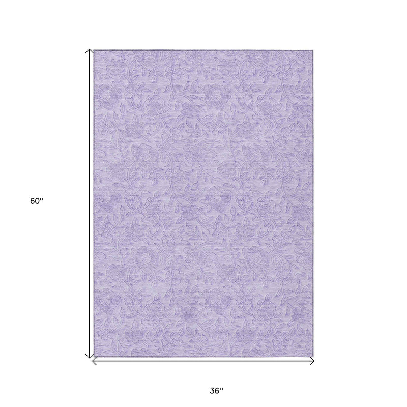3' X 5' Lilac And Purple Floral Washable Indoor Outdoor Area Rug