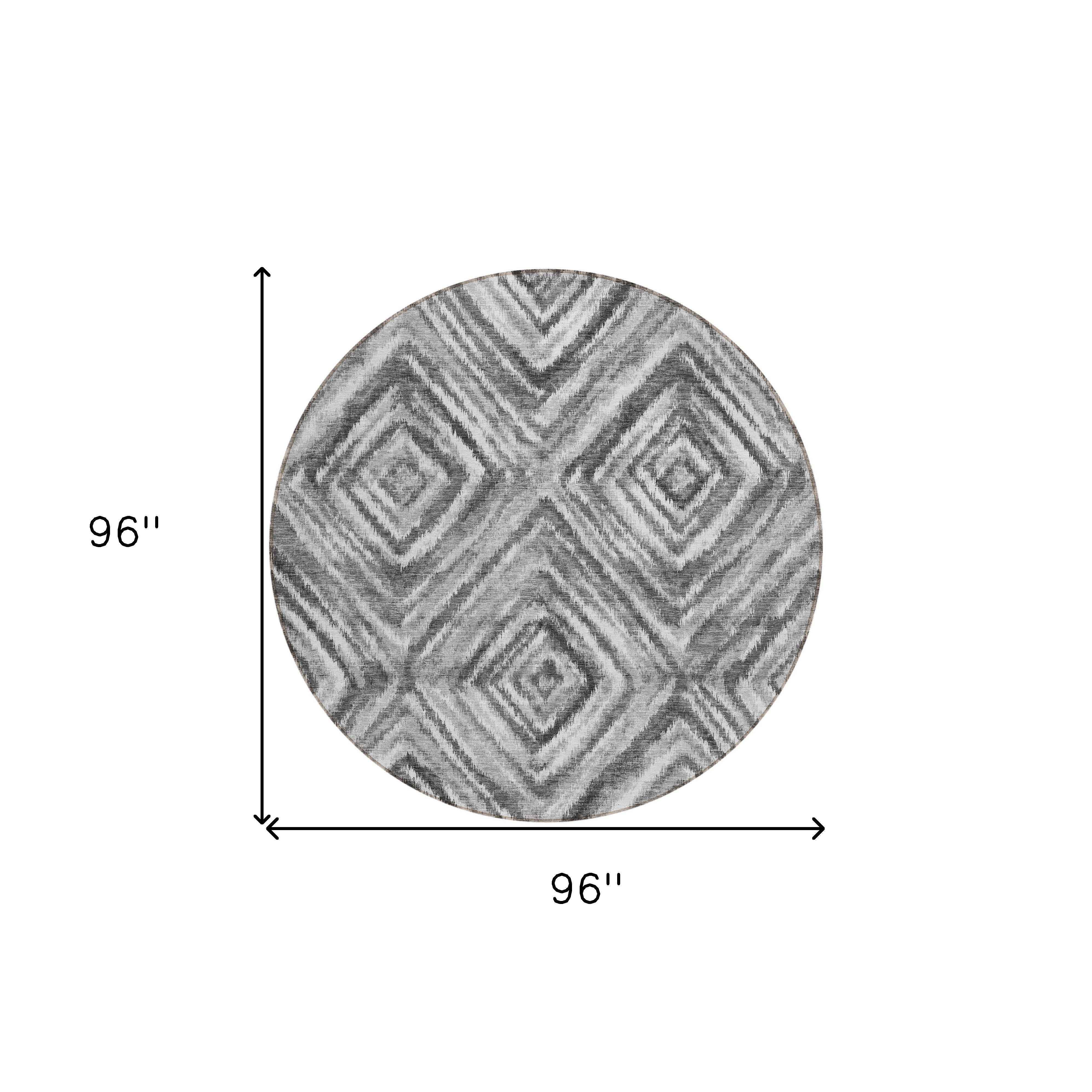 8' Gray Silver And Ivory Round Geometric Washable Indoor Outdoor Area Rug