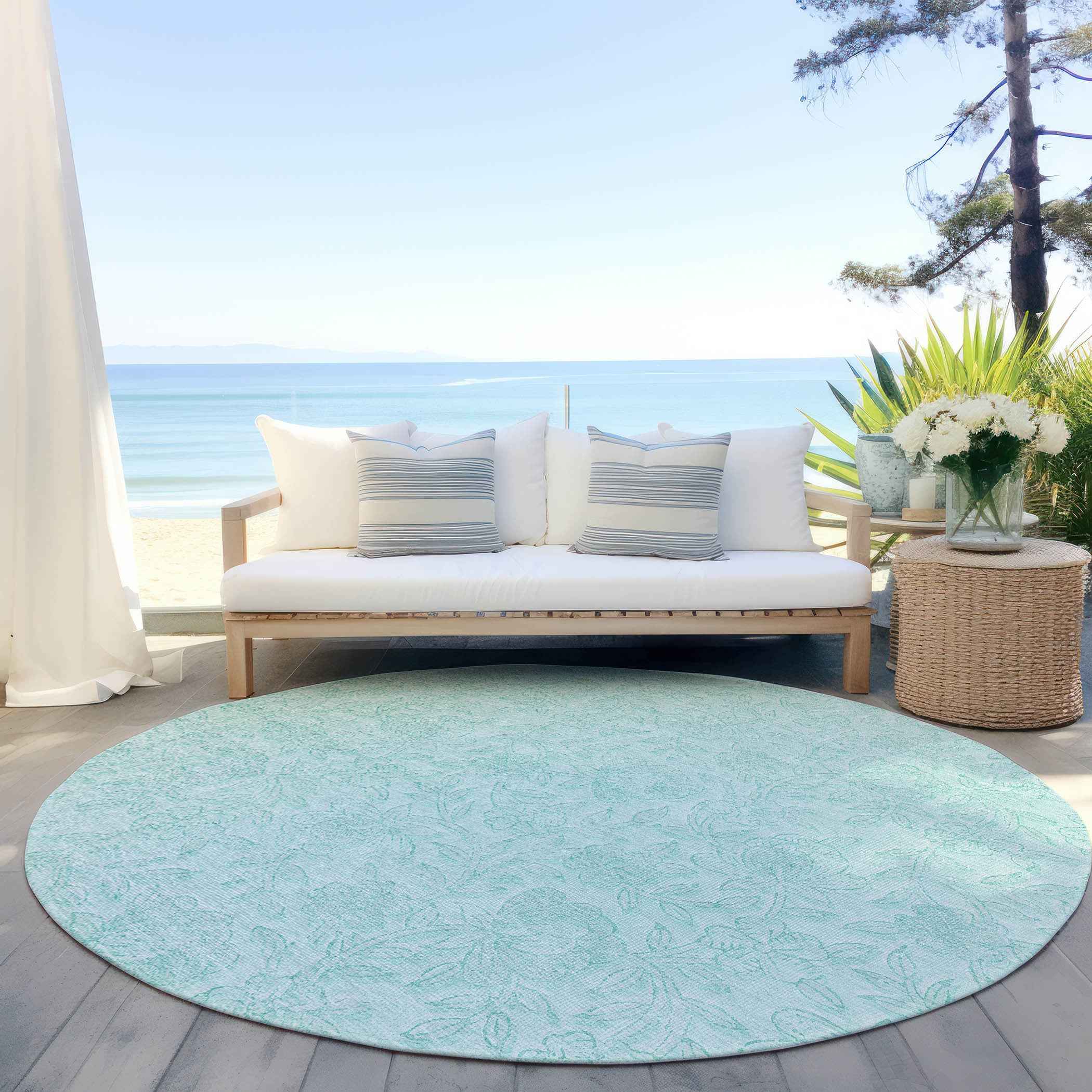 8' Teal Blue And Aqua Round Floral Washable Indoor Outdoor Area Rug