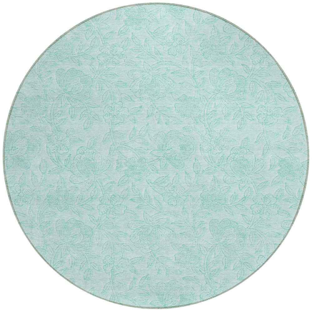 8' Teal Blue And Aqua Round Floral Washable Indoor Outdoor Area Rug