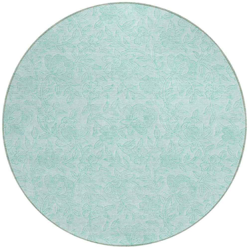 8' Teal Blue And Aqua Round Floral Washable Indoor Outdoor Area Rug