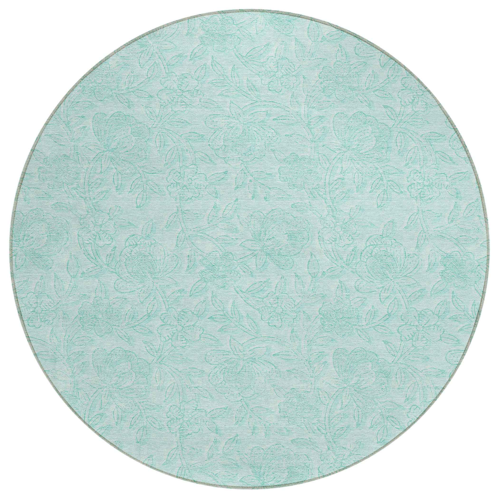 8' Teal Blue And Aqua Round Floral Washable Indoor Outdoor Area Rug