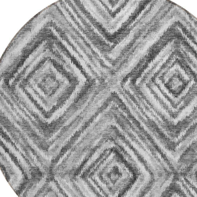 8' Gray Silver And Ivory Round Geometric Washable Indoor Outdoor Area Rug