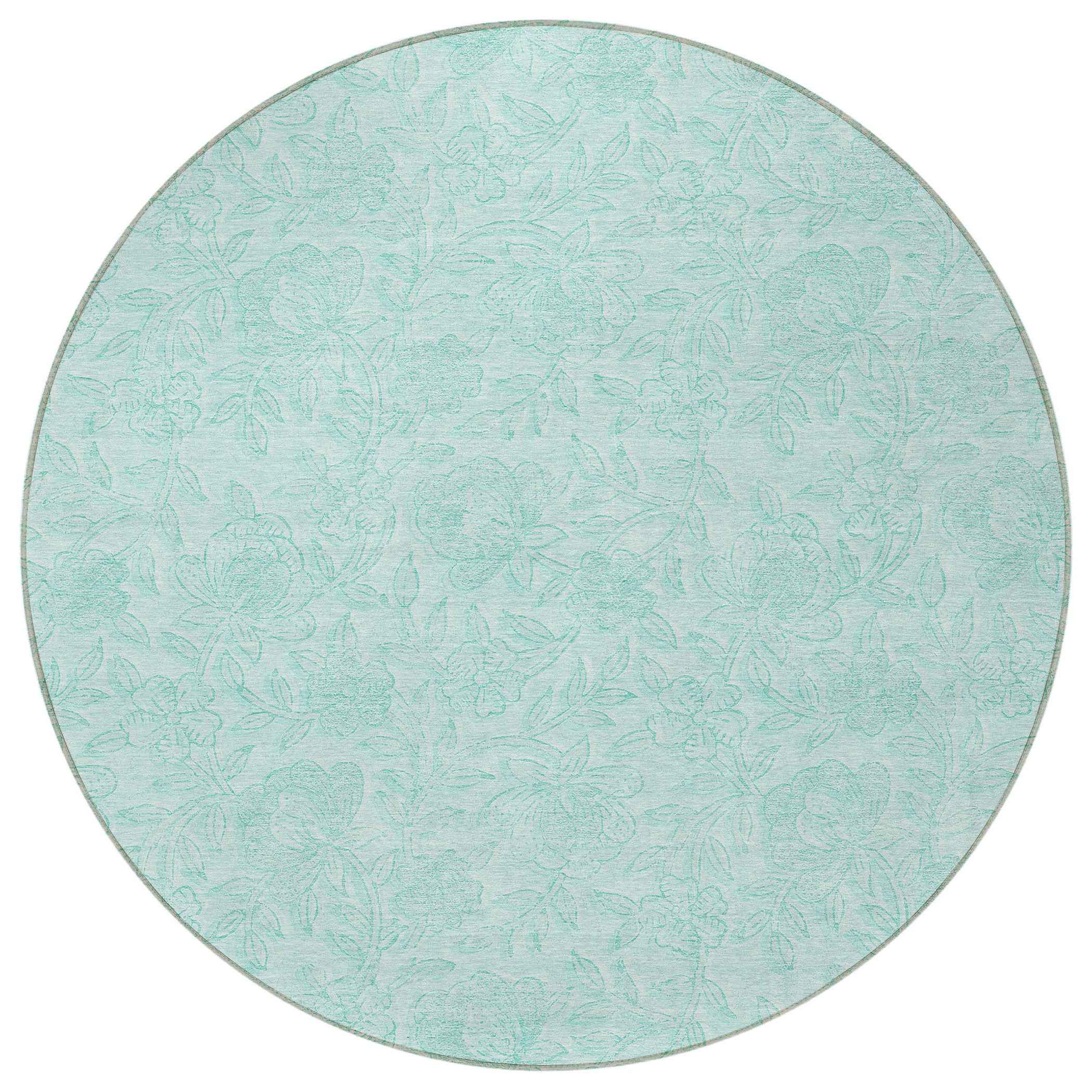 8' Teal Blue And Aqua Round Floral Washable Indoor Outdoor Area Rug