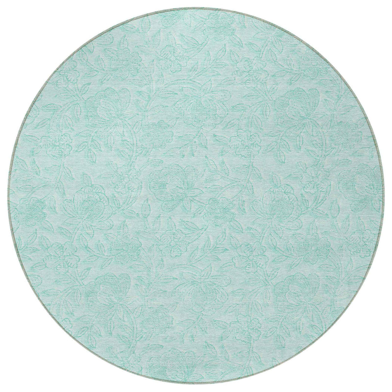 8' Teal Blue And Aqua Round Floral Washable Indoor Outdoor Area Rug