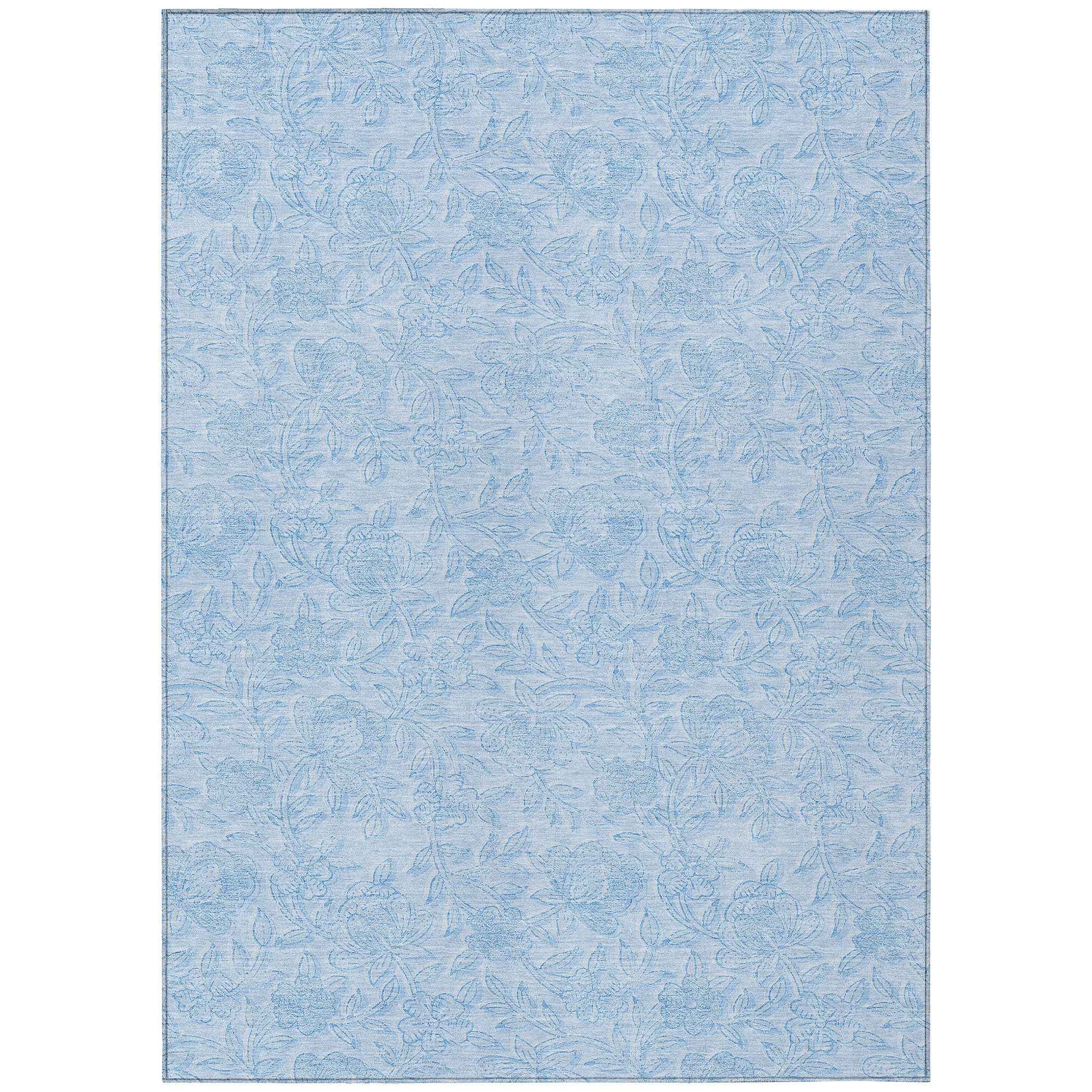 3' X 5' Sky Blue And Blue Floral Washable Indoor Outdoor Area Rug