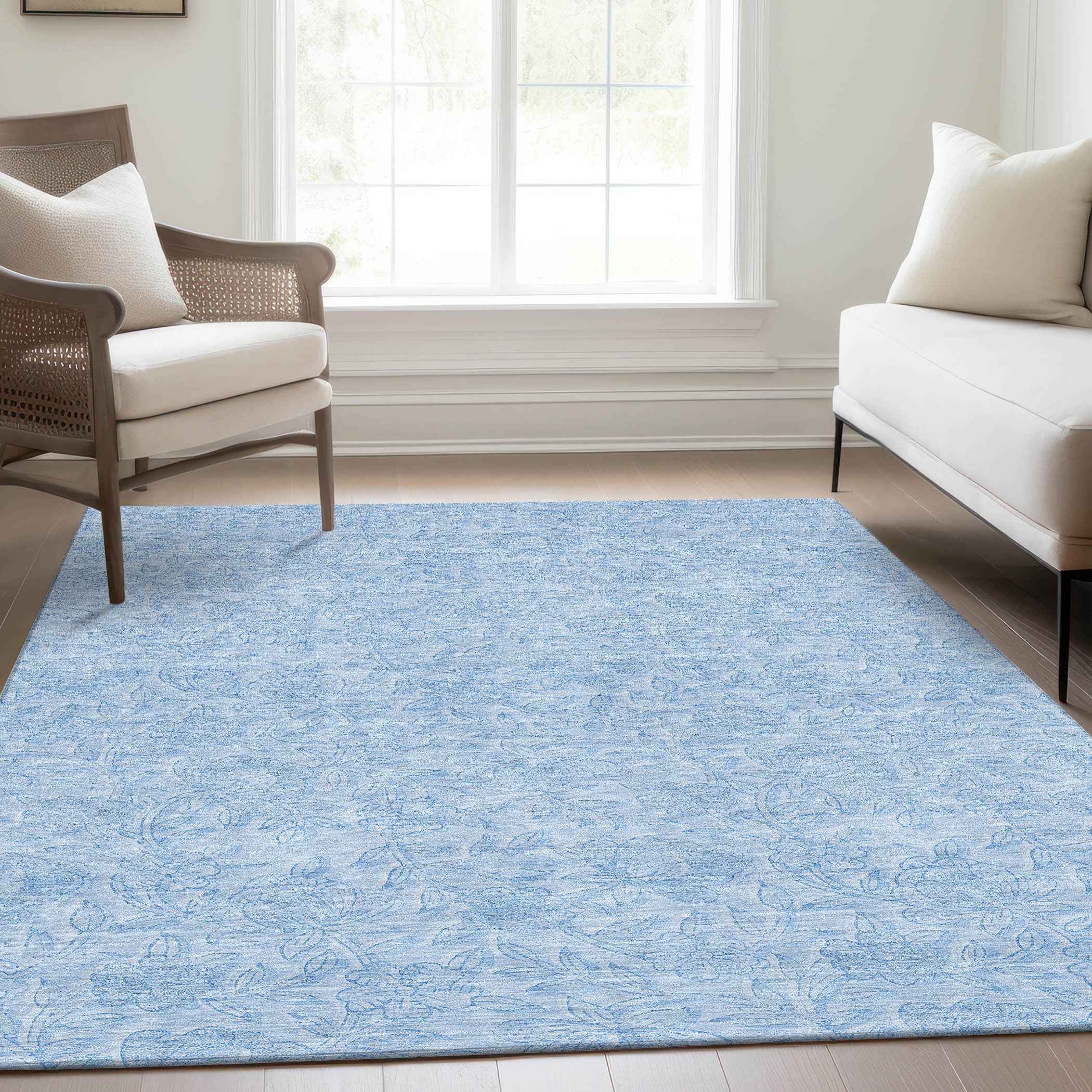 3' X 5' Sky Blue And Blue Floral Washable Indoor Outdoor Area Rug