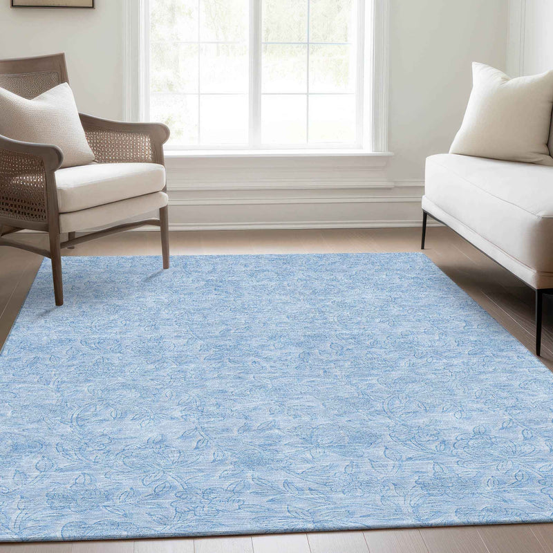 3' X 5' Sky Blue And Blue Floral Washable Indoor Outdoor Area Rug