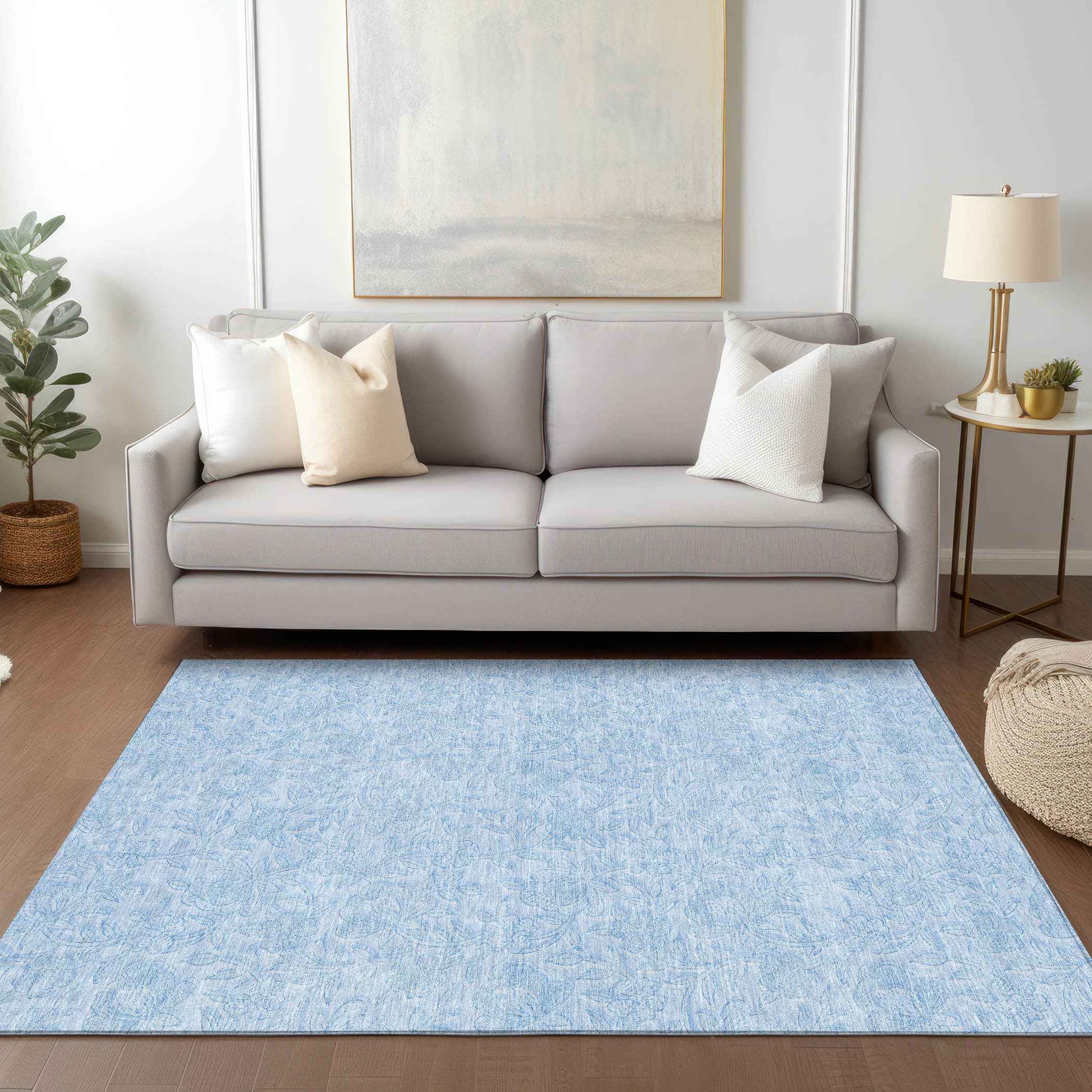 3' X 5' Sky Blue And Blue Floral Washable Indoor Outdoor Area Rug