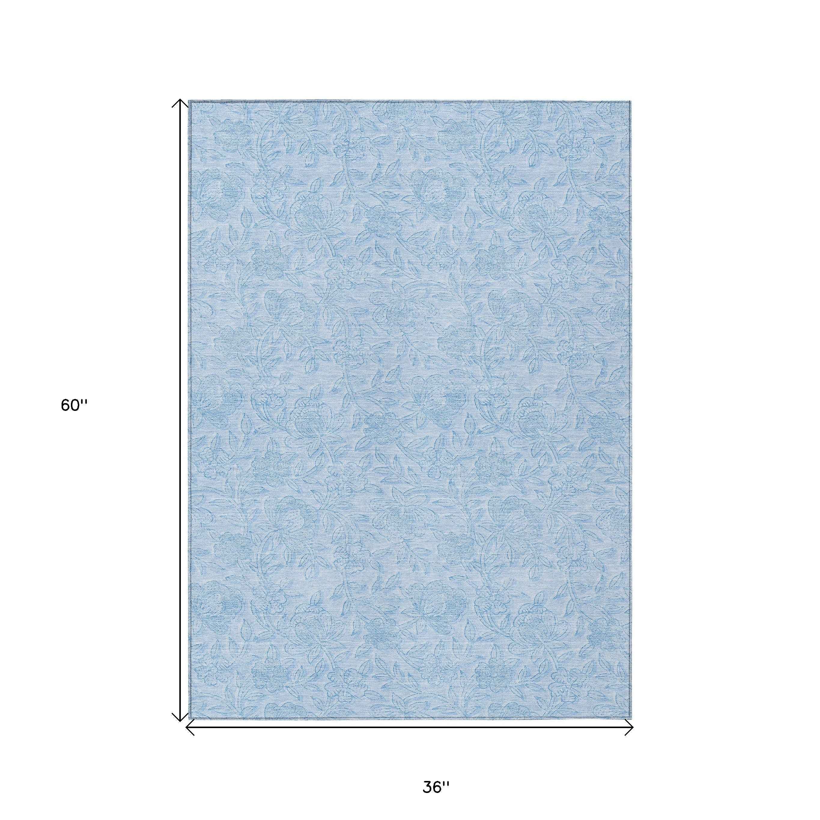 3' X 5' Sky Blue And Blue Floral Washable Indoor Outdoor Area Rug
