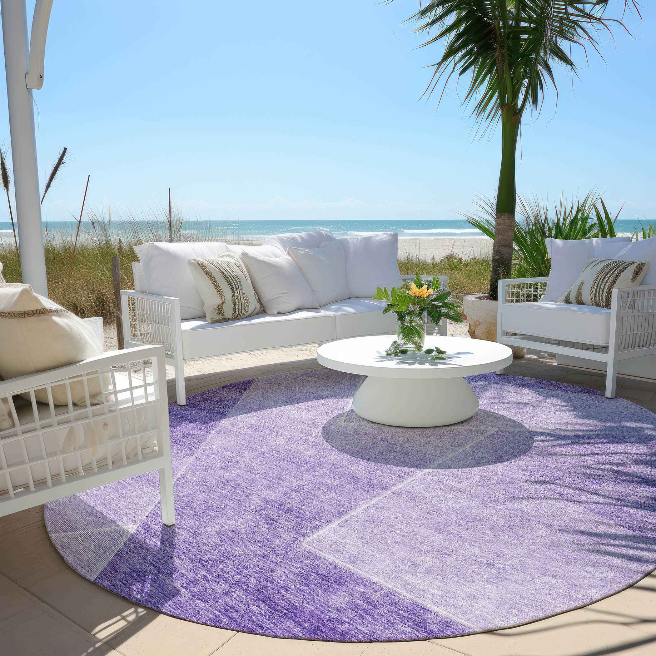 8' Purple And Ivory Round Abstract Washable Indoor Outdoor Area Rug