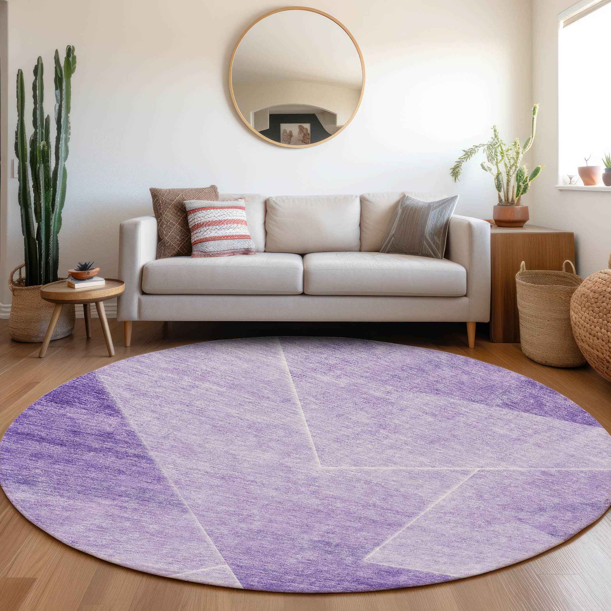 8' Purple And Ivory Round Abstract Washable Indoor Outdoor Area Rug