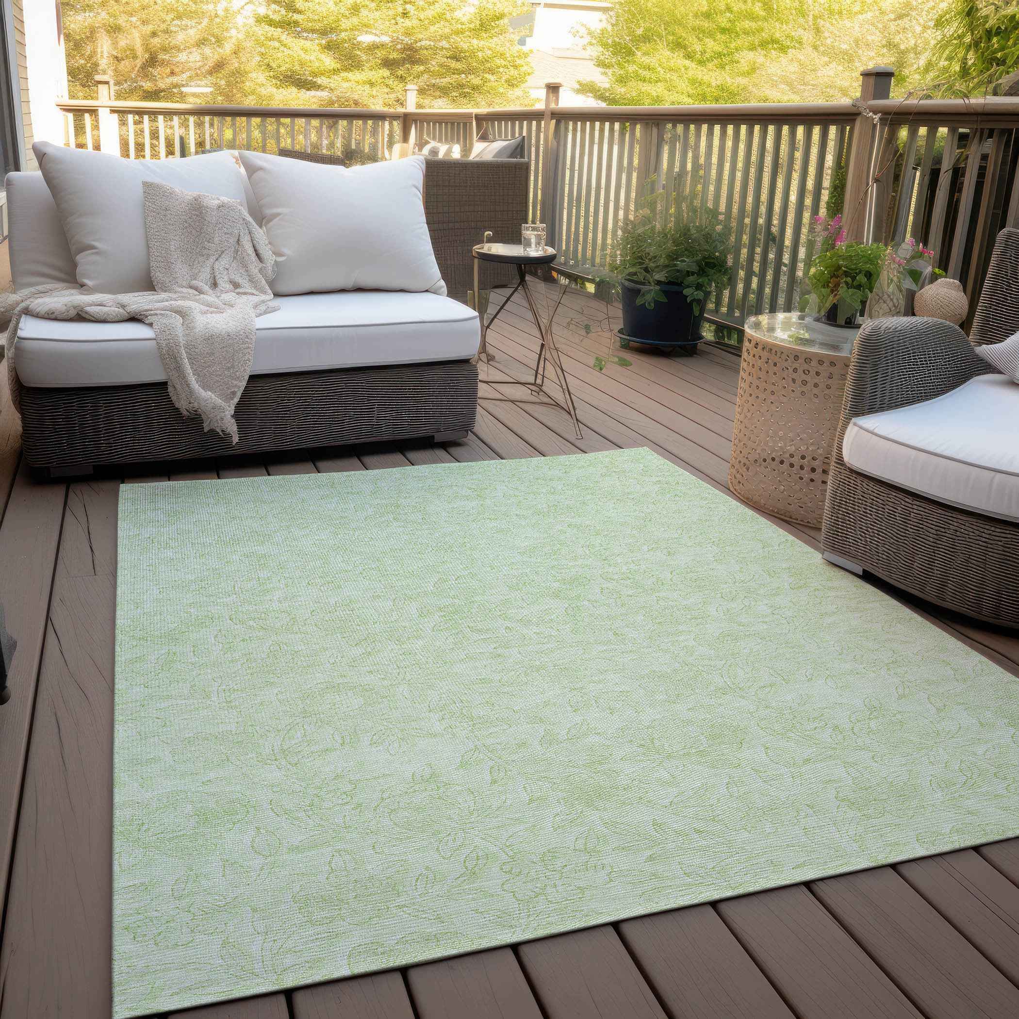 8' X 10' Artichoke Green And Mint Green Floral Washable Indoor Outdoor Area Rug