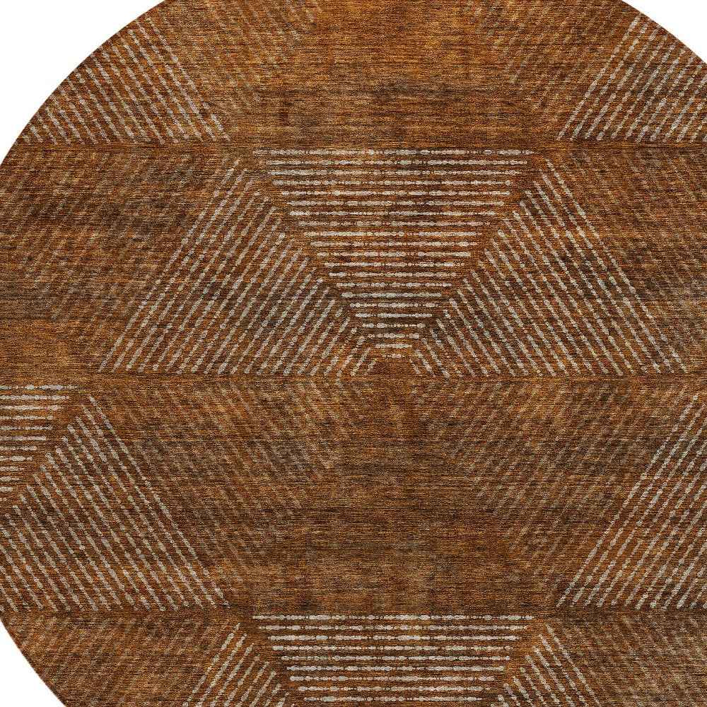 8' Terra Cotta Copper And Beige Round Geometric Washable Indoor Outdoor Area Rug