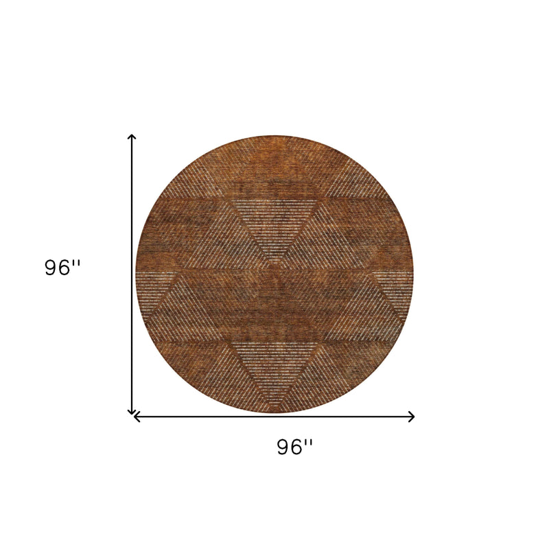 8' Terra Cotta Copper And Beige Round Geometric Washable Indoor Outdoor Area Rug