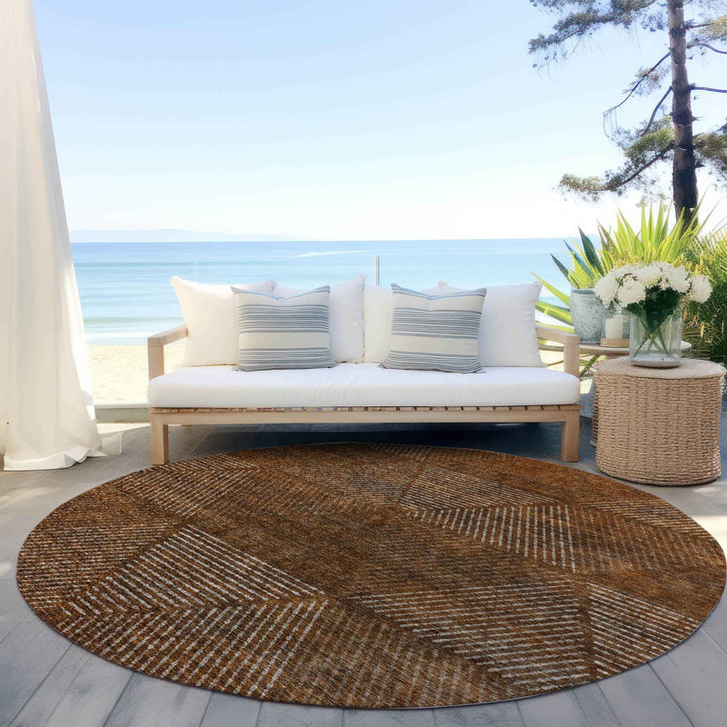 8' Terra Cotta Copper And Beige Round Geometric Washable Indoor Outdoor Area Rug