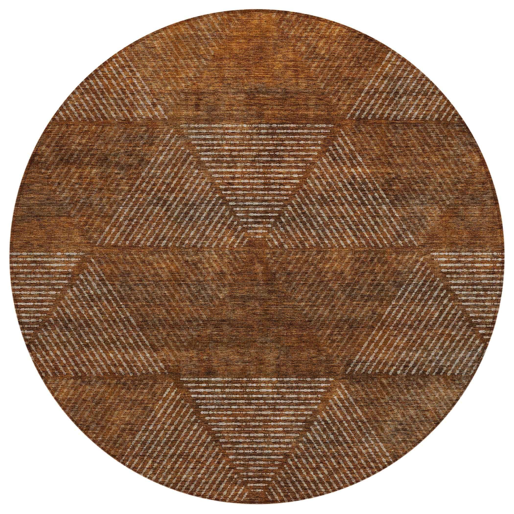 8' Terra Cotta Copper And Beige Round Geometric Washable Indoor Outdoor Area Rug