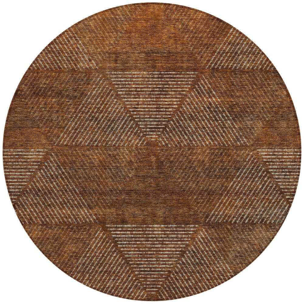 8' Terra Cotta Copper And Beige Round Geometric Washable Indoor Outdoor Area Rug