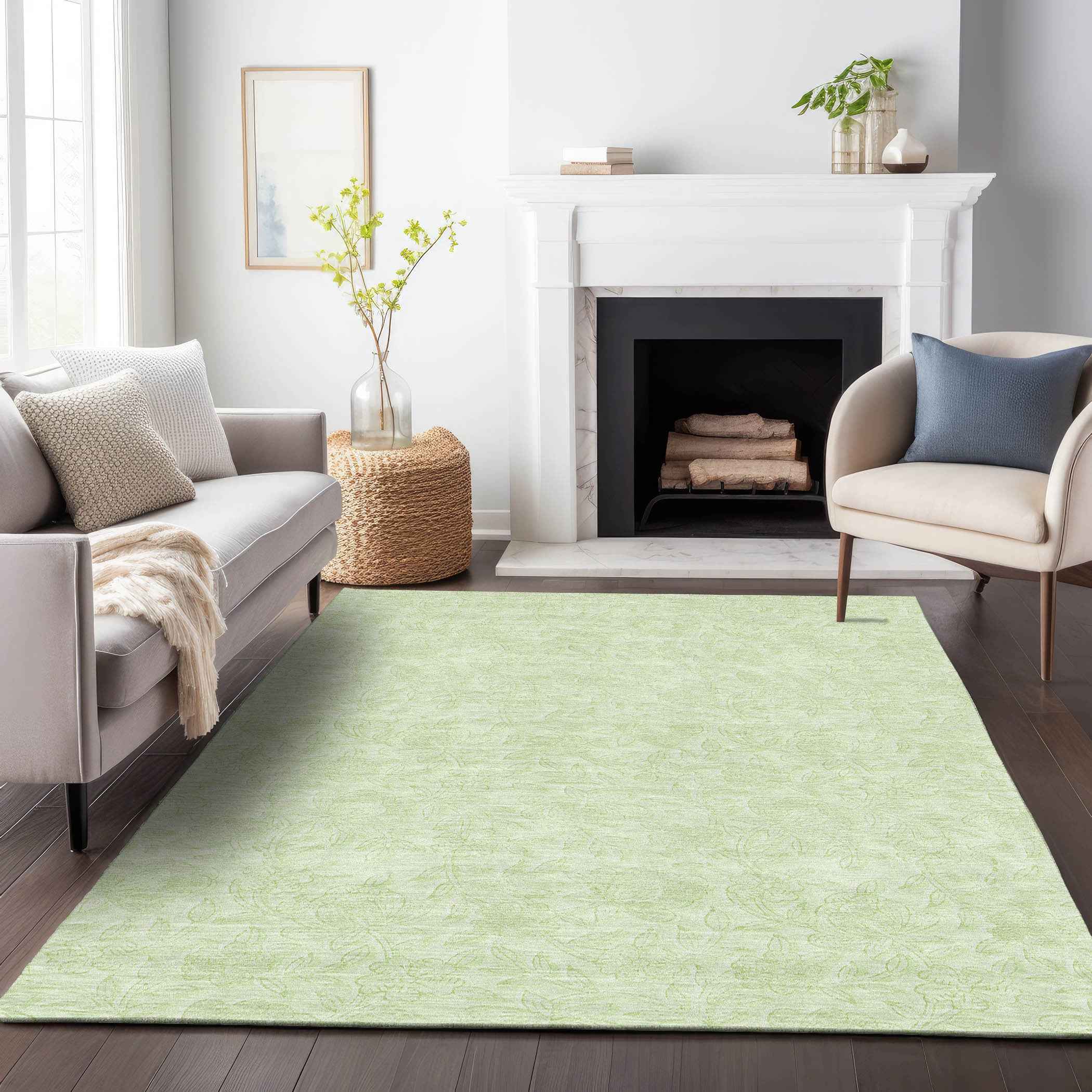 8' X 10' Artichoke Green And Mint Green Floral Washable Indoor Outdoor Area Rug