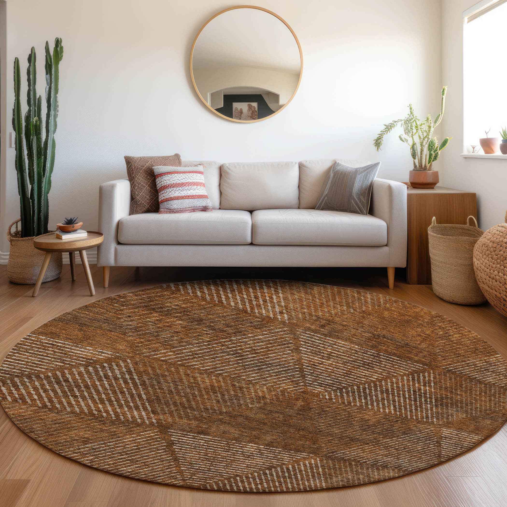 8' Terra Cotta Copper And Beige Round Geometric Washable Indoor Outdoor Area Rug