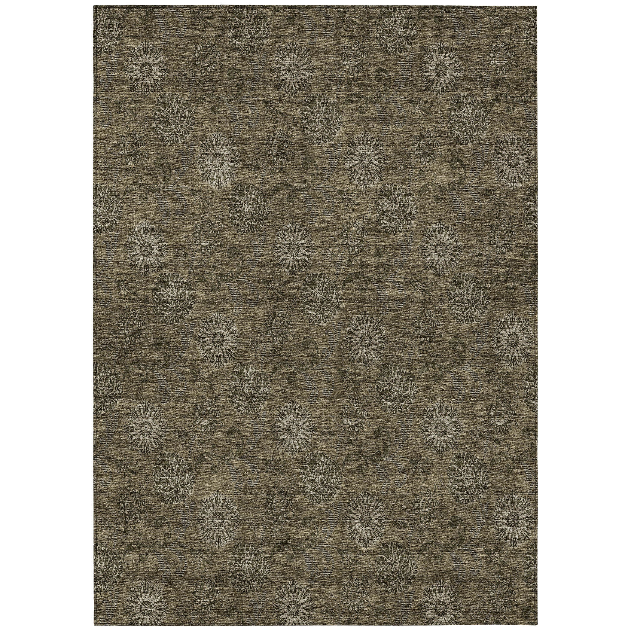 5' X 8' Brown And Beige Floral Washable Indoor Outdoor Area Rug - Outdoor